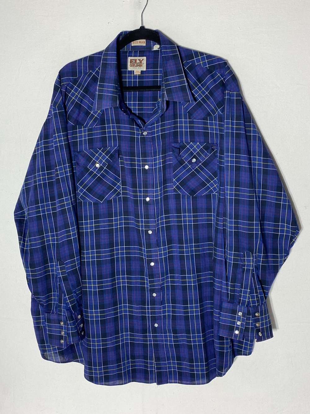 Vintage Ely Cattleman Blue Plaid Long Sleeve Pearl Snap Western Shirt 3XB Cowboy